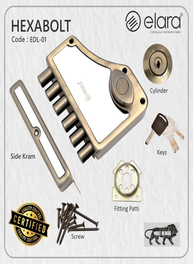 إلارا قفل باب Elara Deadbolt Hexabolt 1CK، قفل حافة، مزلاج للمنزل، أقفال أبواب للباب الرئيسي مع 4 مفاتيح نحاسية قابلة للعكس (عتيق، EDL-01، Hexabolt، مفتاح فائق) - Image 4